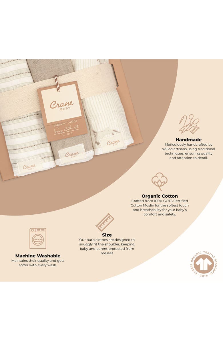 CRANE BABY 3-Pack Assorted Organic Cotton Burp Cloths Set, Alternate, color, White