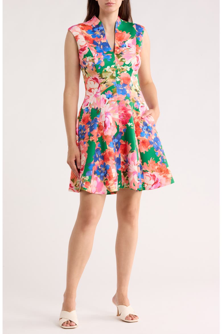 Floral Sleeveless Scuba Fit & Flare Dress, Main, color, GREEN MULTI