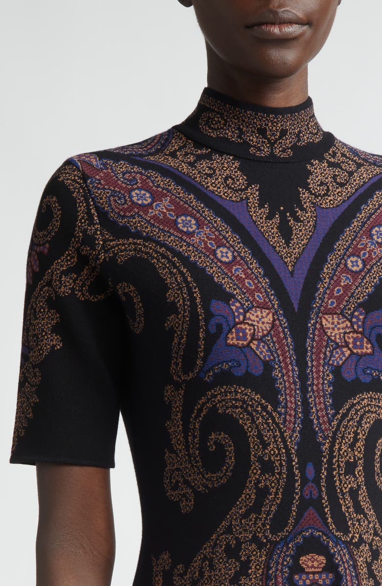 Etro Mock Neck Jacquard Fit & Flare Sweater Dress, Alternate, color, Dark Blue