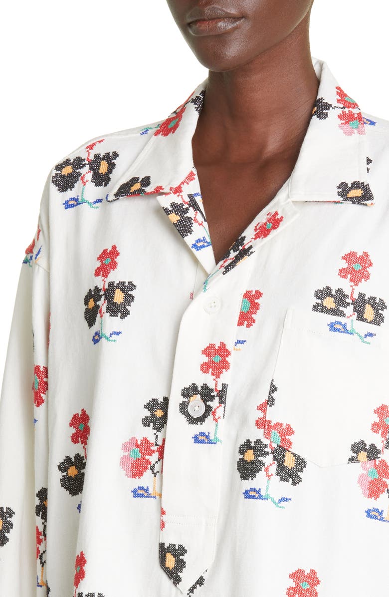 Bode Daisy Sprig Embroidered Cotton Shirt, Alternate, color,