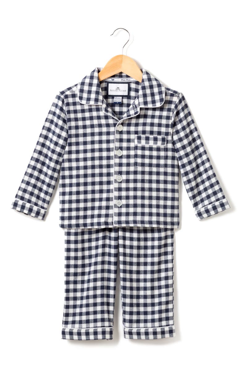 Petite Plume Kids' Gingham Two-Piece Pajamas, Main, color, Navy