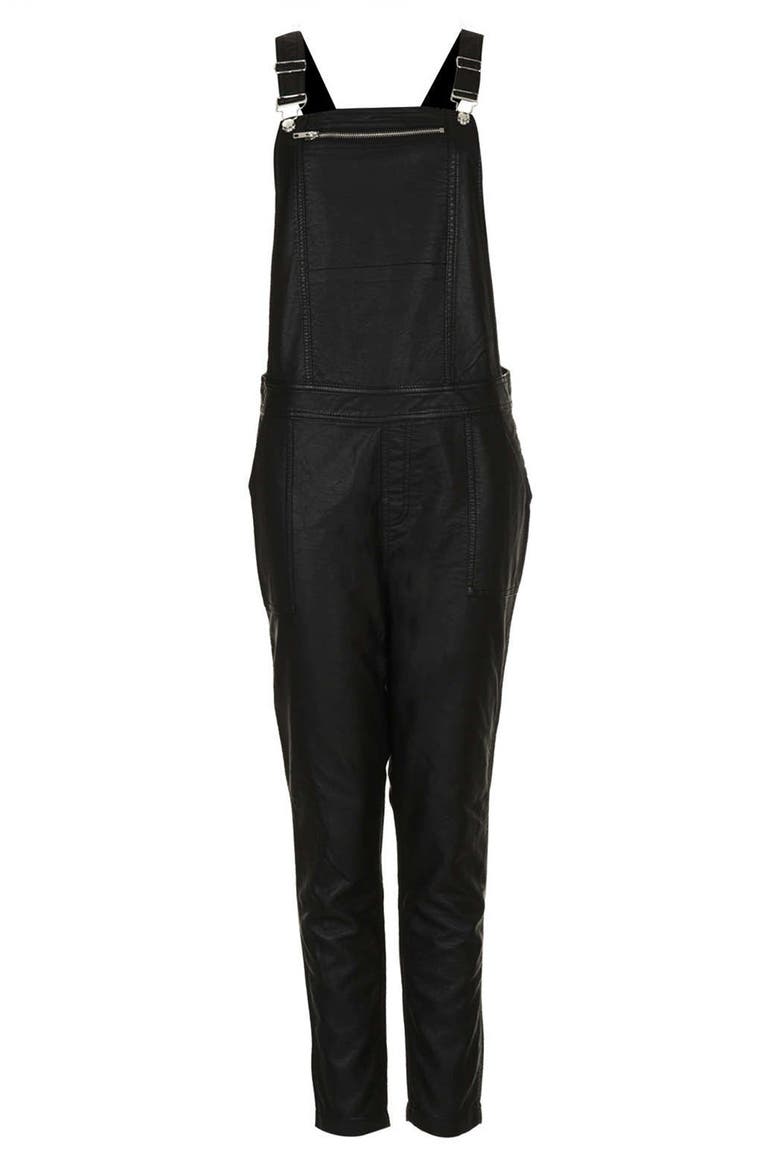 Faux Leather Overalls, Alternate, color, BLACK