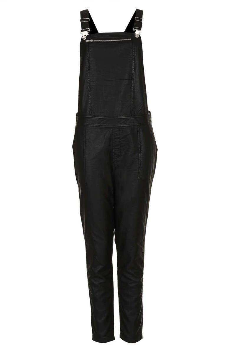 Topshop Faux Leather Overalls, Alternate, color, 