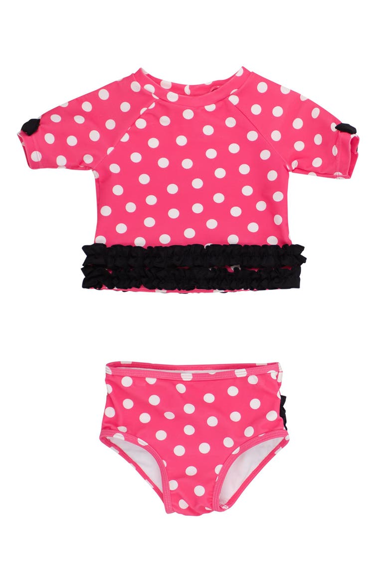 Classic Bow Short Sleeve UPF50 Rash Guard 2-Piece Swimsuit with Signature Rear Ruffles, Main, color, Hot Pink Polka Dot