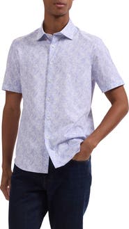Bugatchi Miles OoohCotton® Tropical Leaf Print Short Sleeve Button-Up Shirt