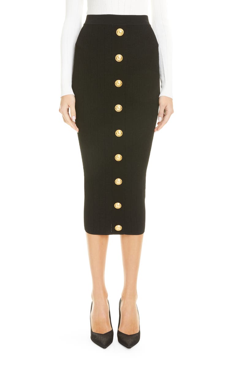 Balmain Button Front Rib Midi Skirt, Main, color, 0Pa 0Pa Noir