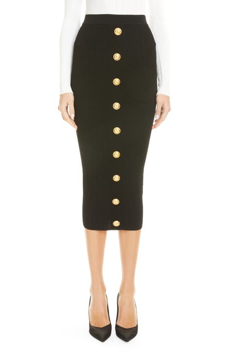 Button Front Rib Midi Skirt
