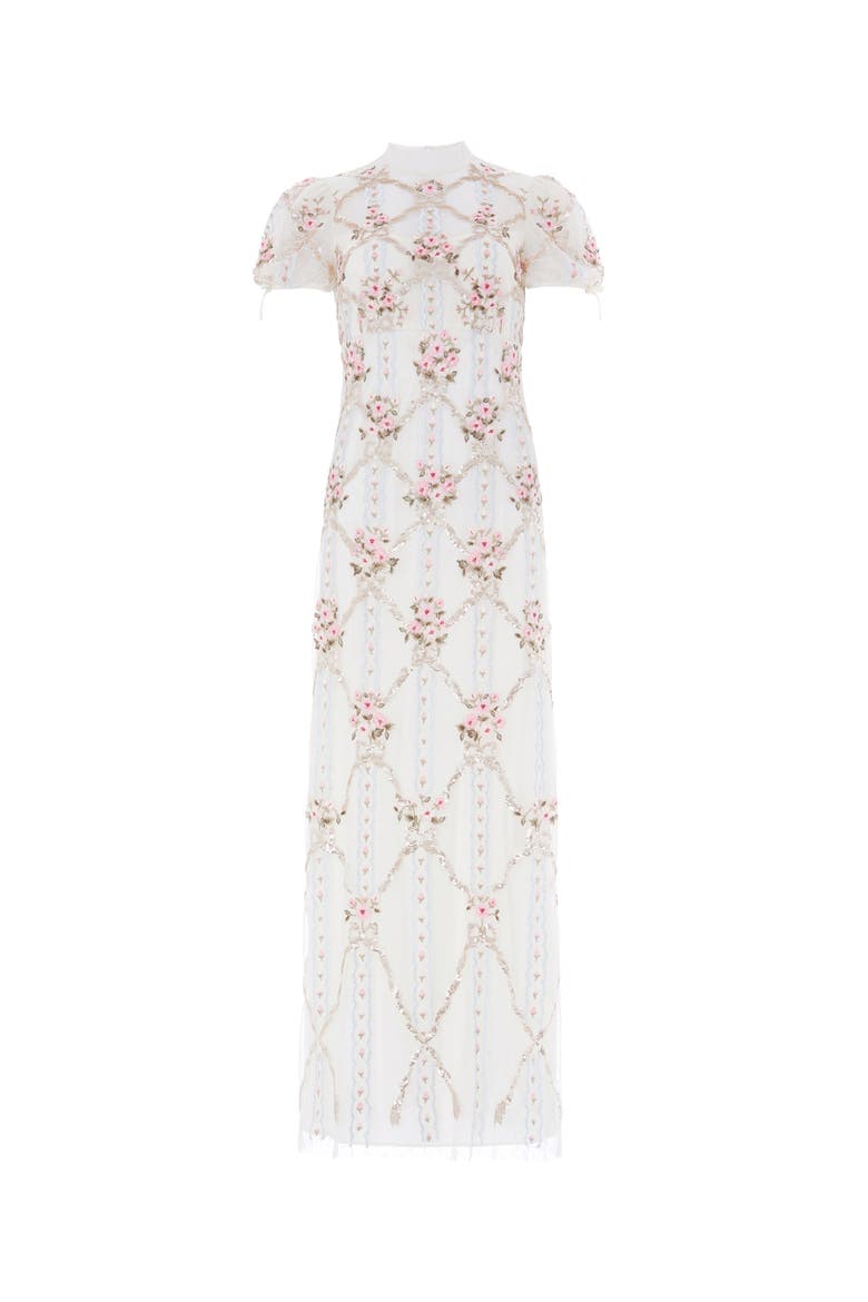 High Neck Embroidered Maxi Gown, Alternate, color, Chalk