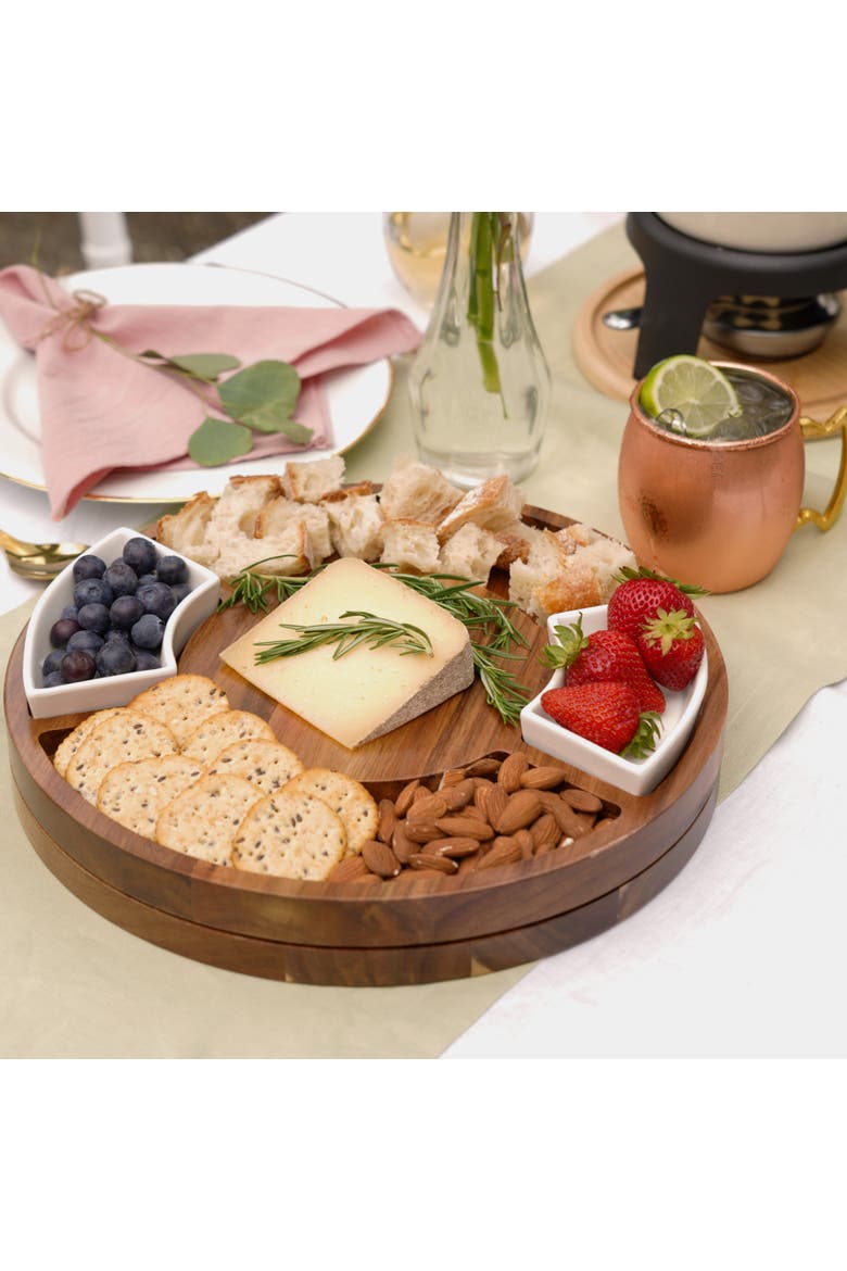 Acacia Wood Rotating Charcuterie Board with Ceramic Dishes, Alternate, color, Wood
