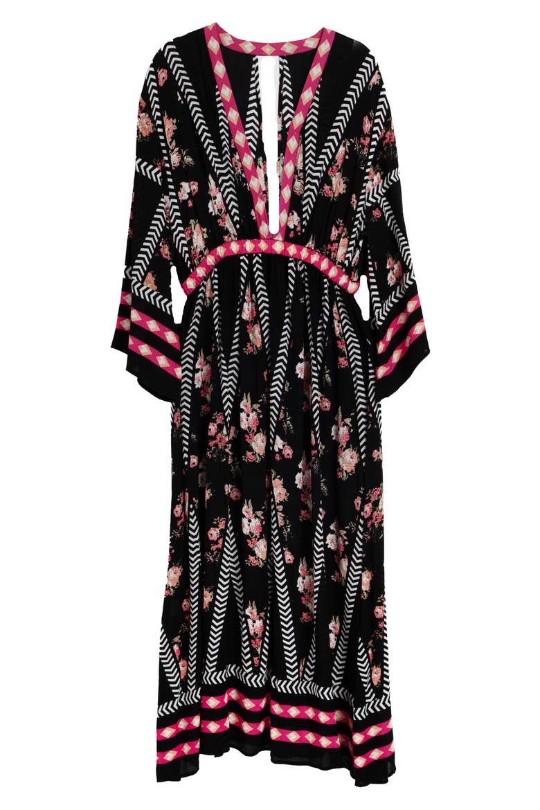 Floral Print Plunge Neck Cover-Up Kaftan, Alternate, color, BLACK COMBO