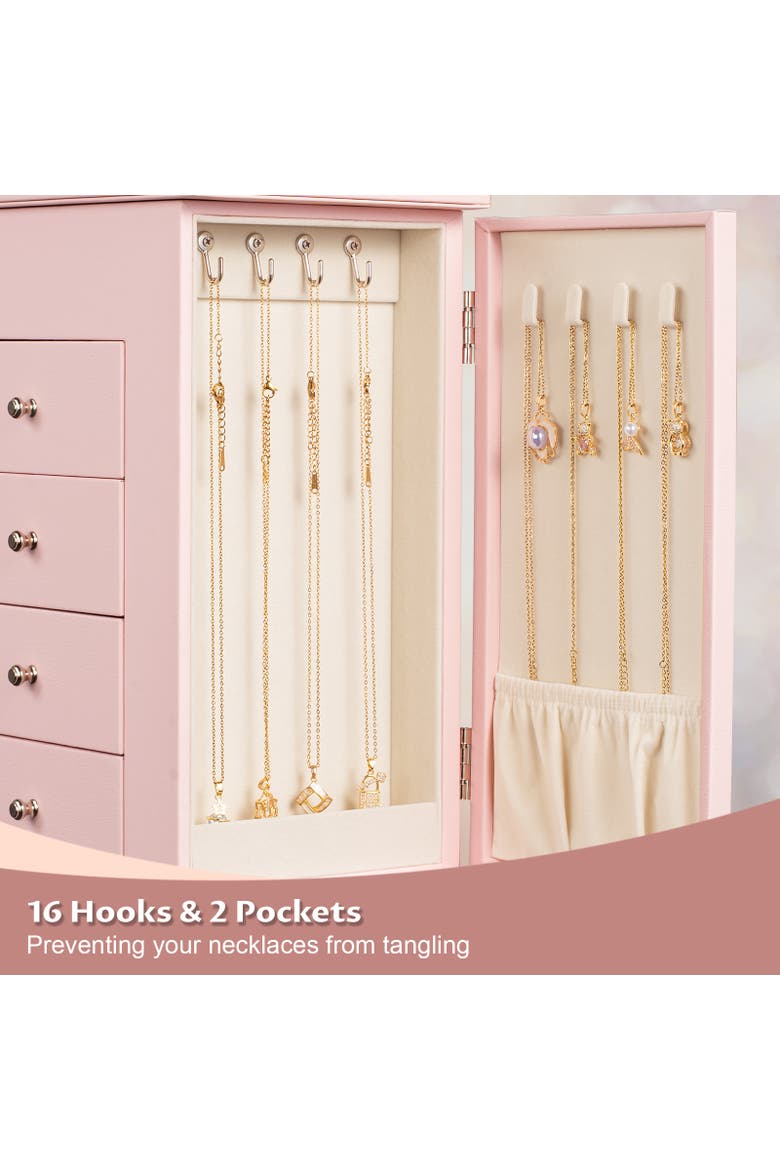 Standing Jewelry Armoire with Lid Mirror, Alternate, color, Pink