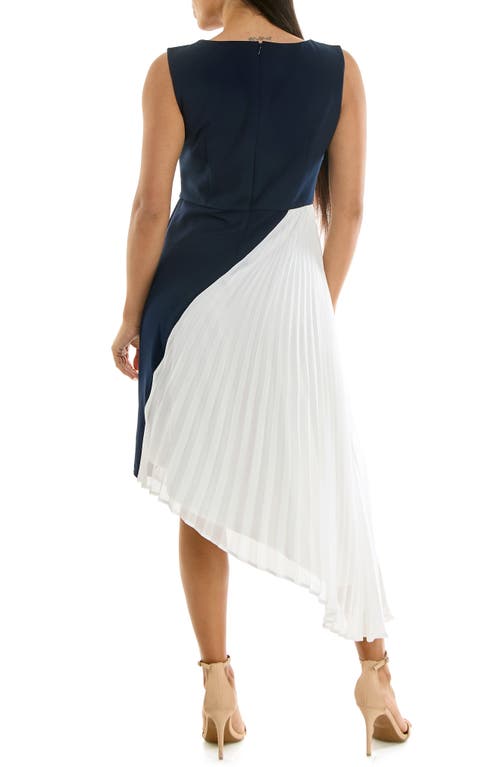 Shop Nina Leonard Asymmetric Pleated Midi Dress In Navy/ivory