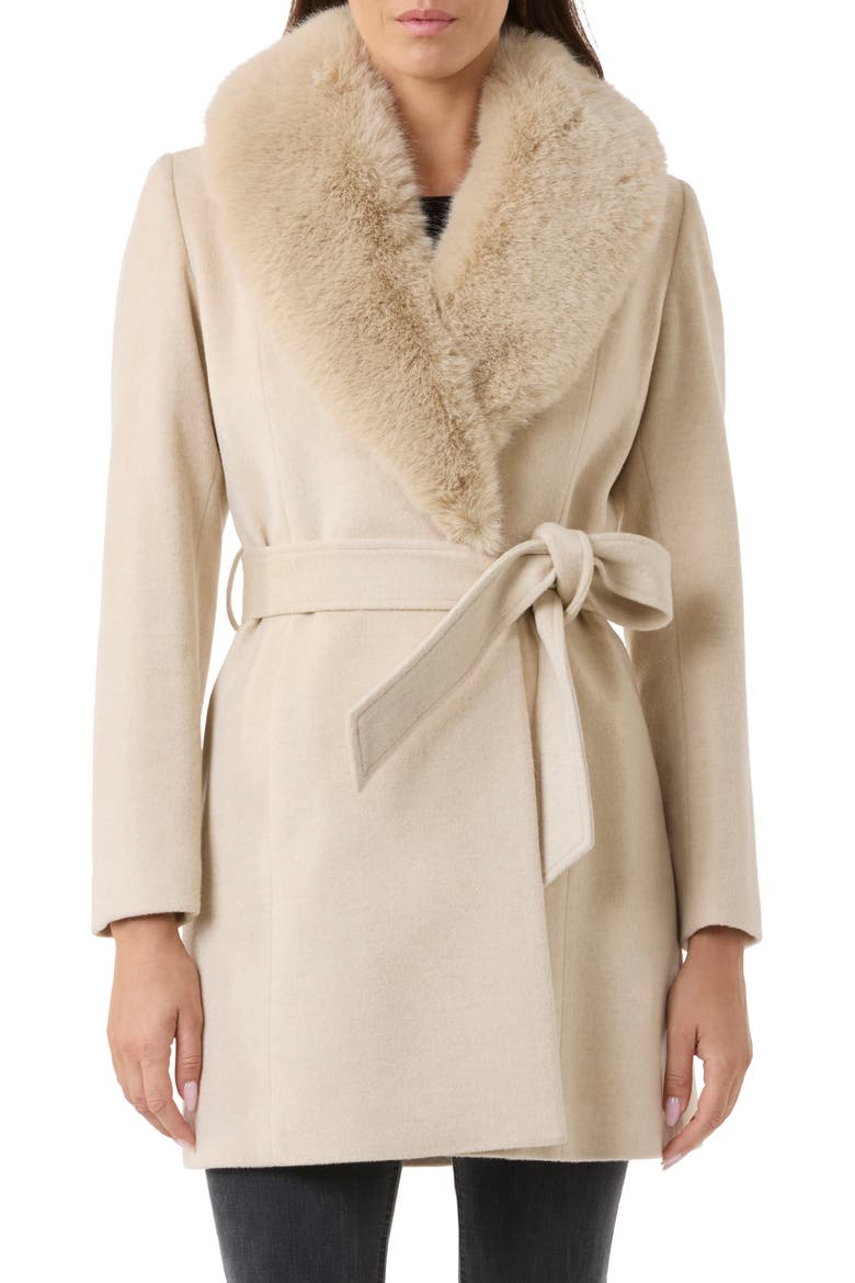 Wool & Cashmere Blend Short Belted Wrap Coat with Faux Fur Trim, Main, color, OATMEAL