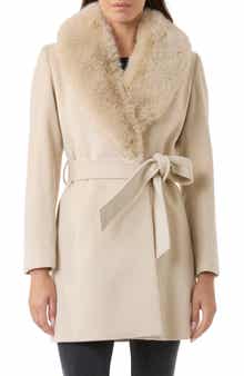 Wool & Cashmere Blend Short Belted Wrap Coat with Faux Fur Trim