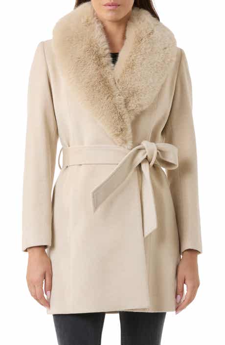 Wool & Cashmere Blend Short Belted Wrap Coat with Faux Fur Trim
