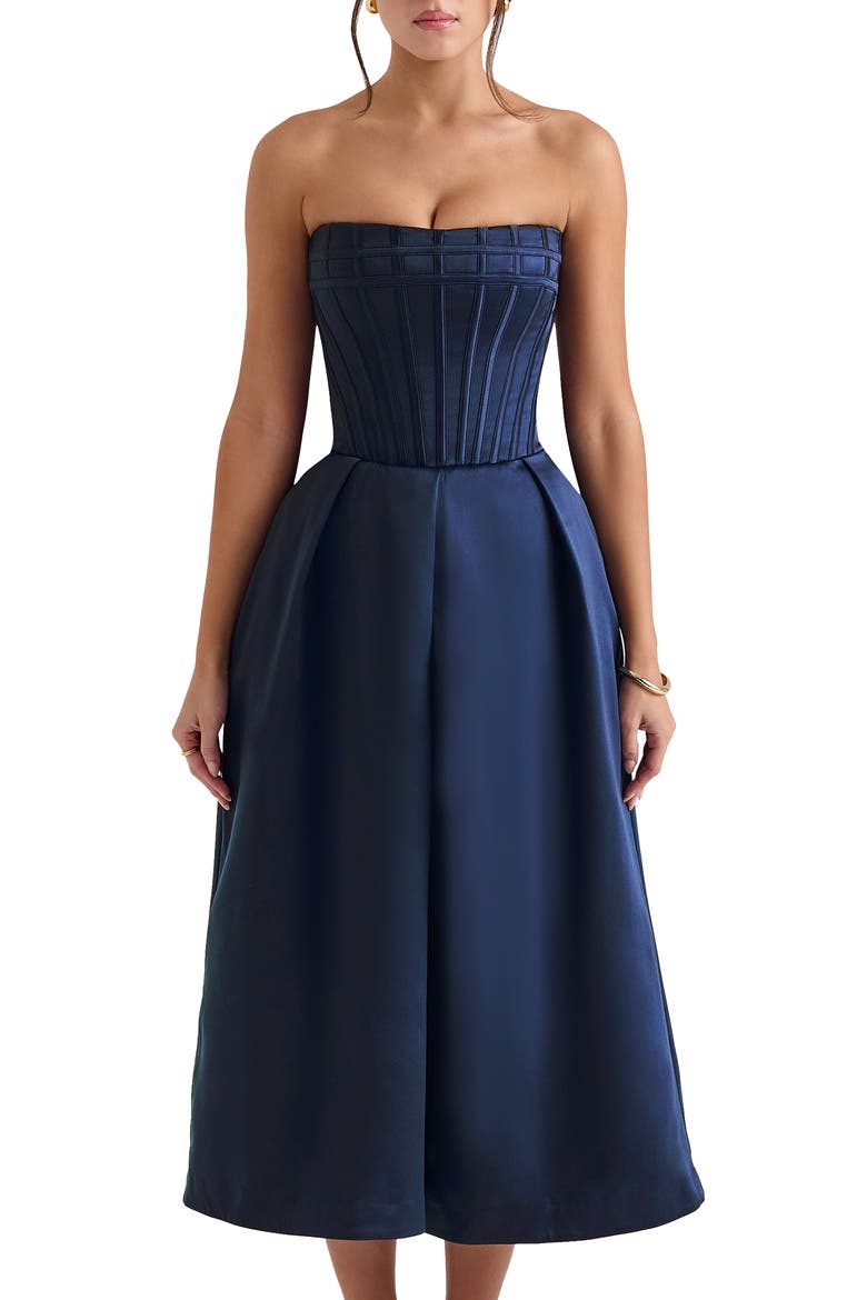 Bellina Strapless Satin Midi Cocktail Dress, Alternate, color, DRESS BLUES