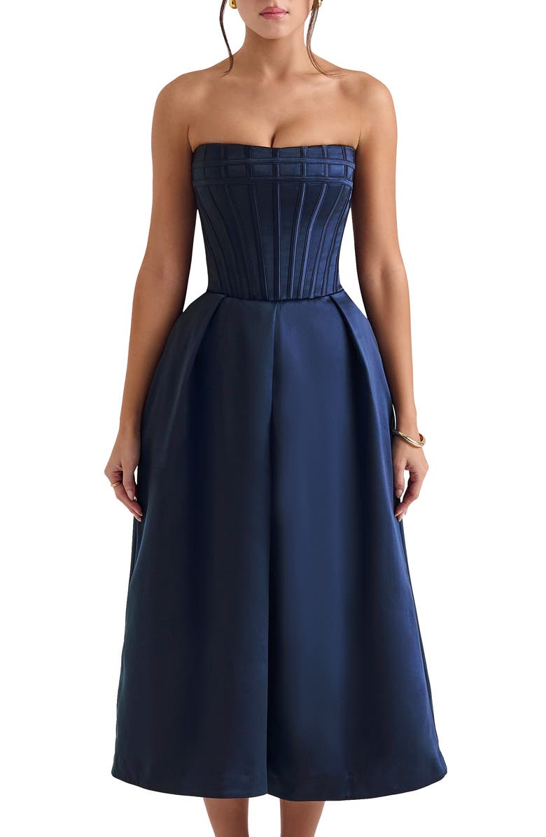 HOUSE OF CB Bellina Strapless Satin Midi Cocktail Dress, Alternate, color, Dress Blues