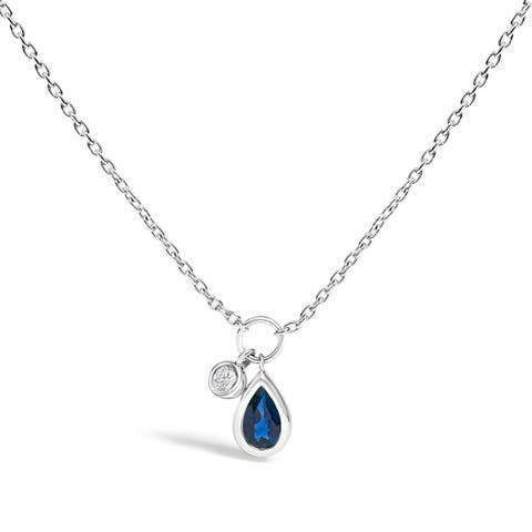 10K White Gold Pear Blue Sapphire and Diamond Charm Pendant Necklace