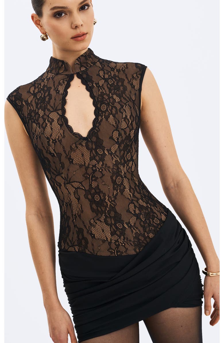 Miss Circle Valerie Lace Teardrop Neckline Ruched Mini Dress, Alternate, color, Black