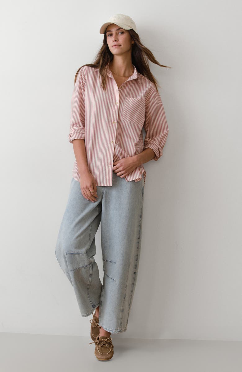 Marine Layer Jane California Relaxed Stripe Cotton Poplin Button-Up Shirt, Alternate, color, Rust Stripe