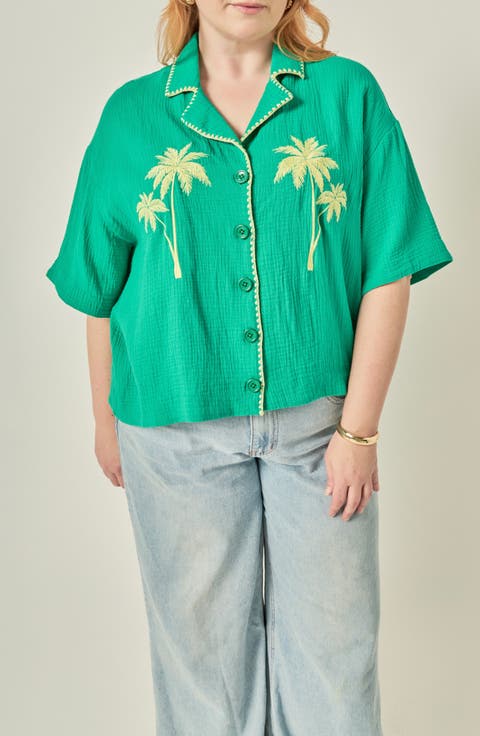 Tropical Embroidered Cotton Camp Shirt