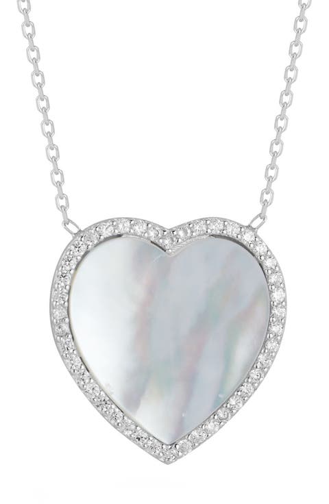 Rhodium Plated Sterling Silver Mother of Pearl Heart Necklace