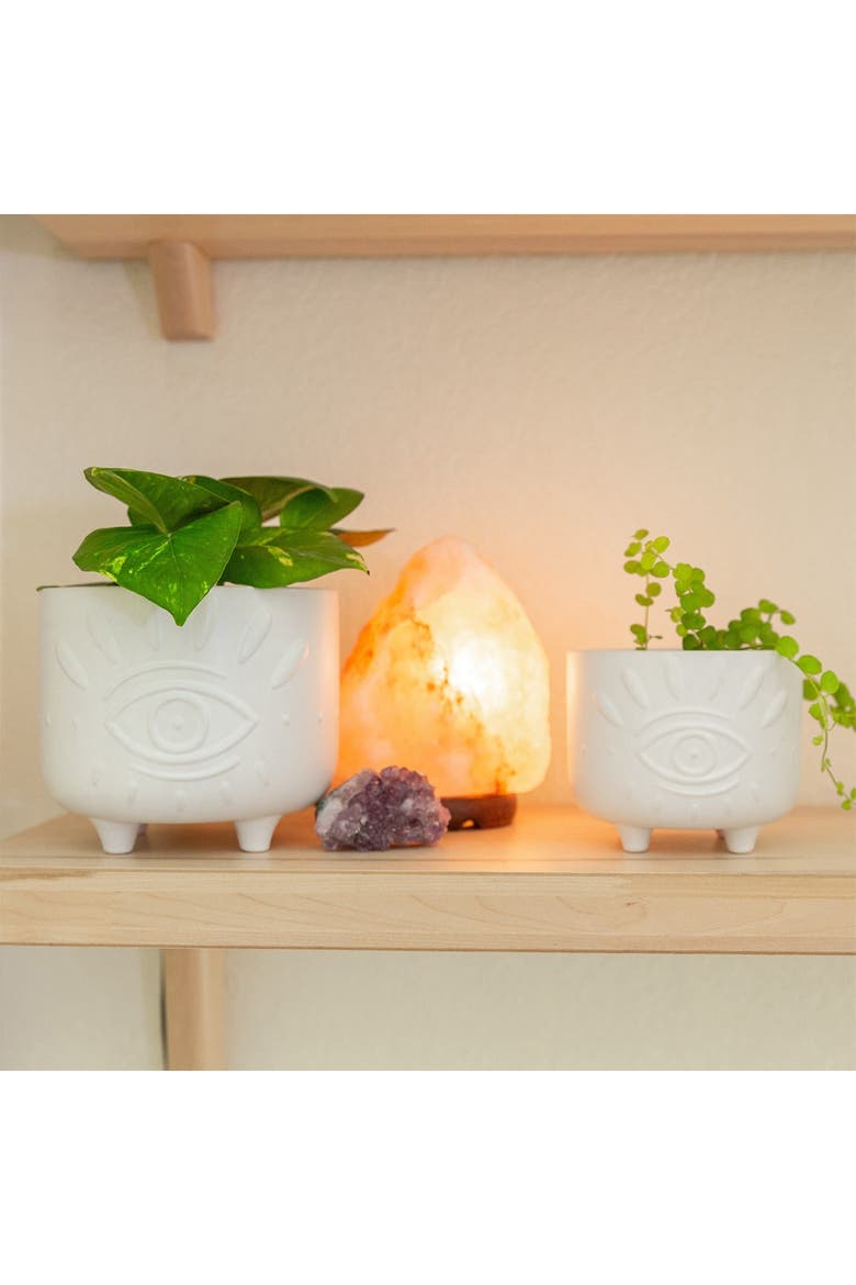 Matte White 6" & 4.75" Evil Eye Ceramic Footed Planter- Set of 2, Alternate, color, WHITE