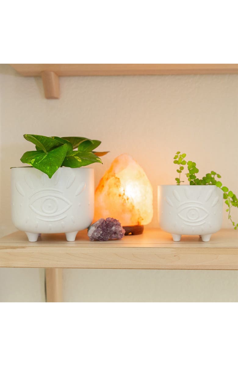 FLORA BUNDA Matte White 6" & 4.75" Evil Eye Ceramic Footed Planter- Set of 2, Alternate, color, 