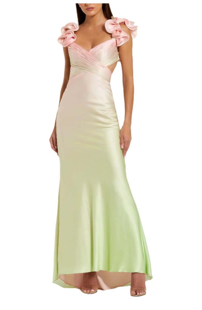 Mac Duggal Charmeuse Ombre Gown with Ruffle Straps and Crossover Bodice, Main, color, Pink Lemonade