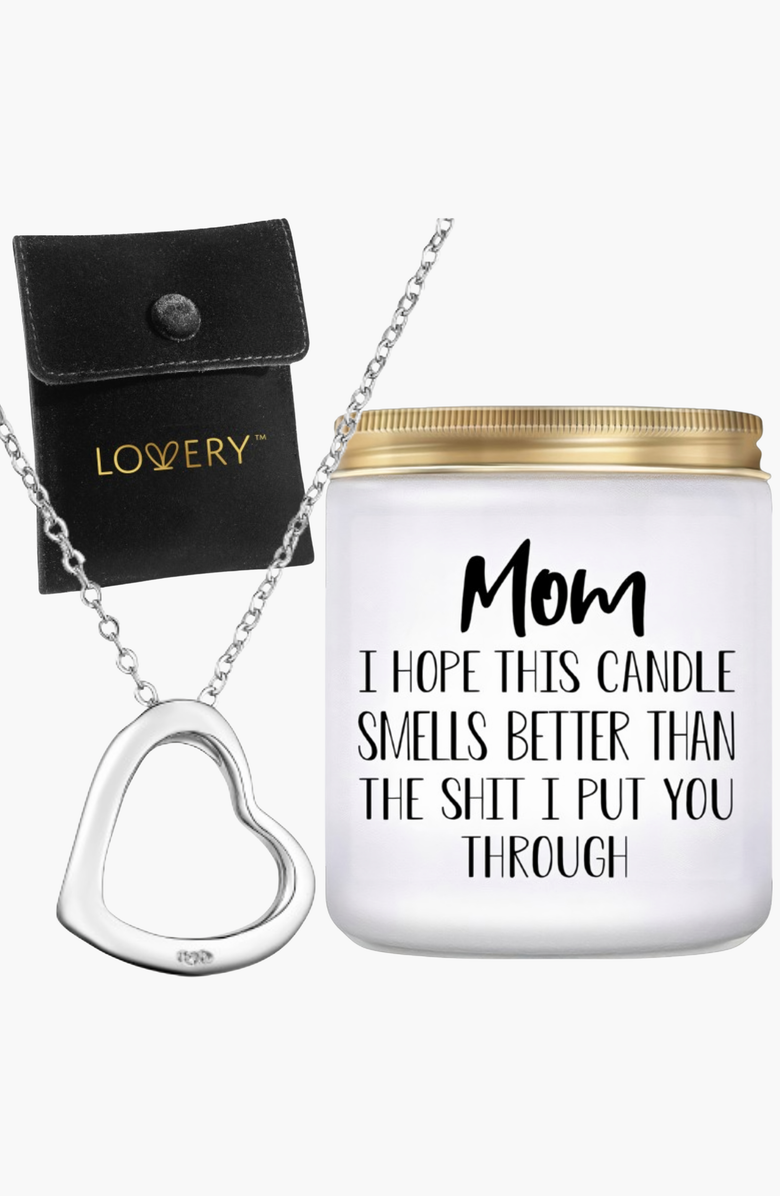 Lovery Mother's Day .925 Sterling Silver Heart Necklace with Pouch & Vanilla Scented Soy Candle, Main, color, Silver