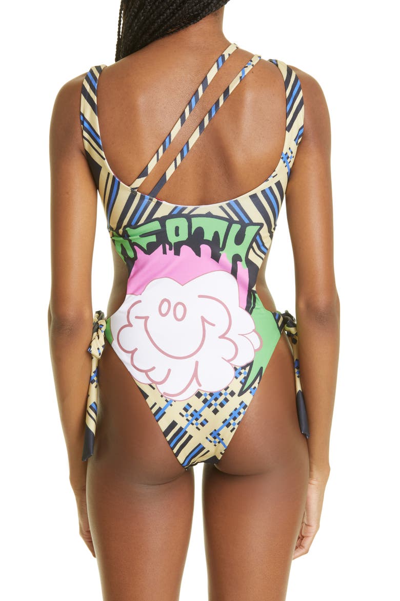 Happy Death Cloud Cutout One-Piece Swimsuit, Alternate, color, BLACK/ GREEN/ PINK MULTI