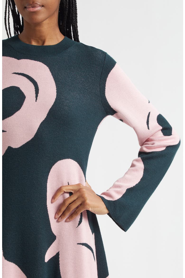 Leikkuu Tumma Floral Long Sleeve Sweater Dress, Alternate, color, DARK GREEN, LIGHT PINK