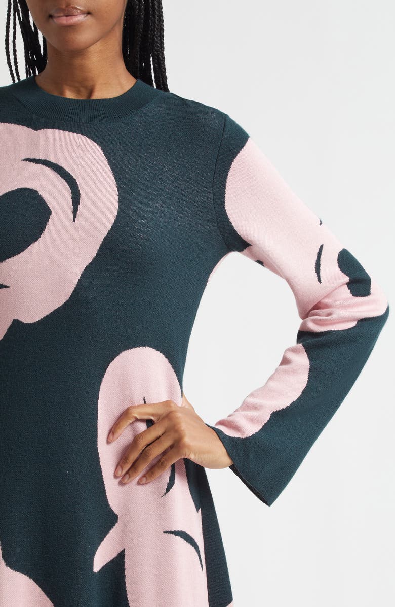 Marimekko Leikkuu Tumma Floral Long Sleeve Sweater Dress, Alternate, color, Dark Green, Light Pink