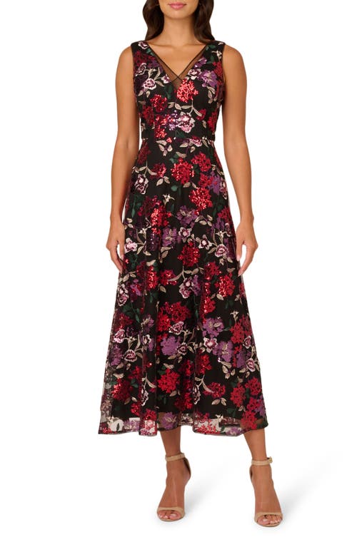 Adrianna Papell Floral Sequin A-Line Gown in Black Multi 