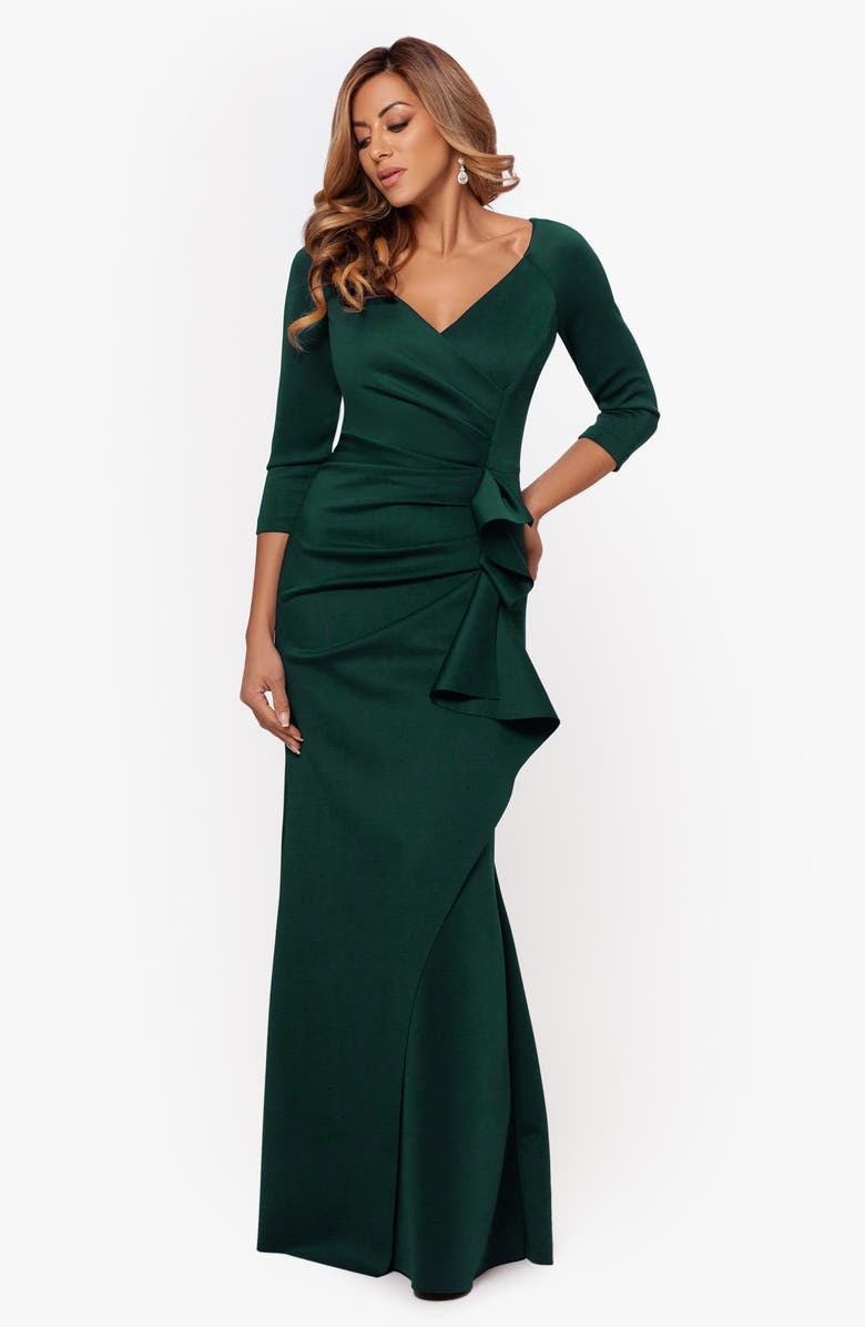 Xscape Ruched Scuba Ruffle Gown