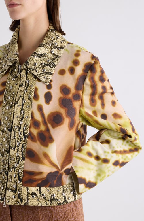 Dries Van Noten Vurano Studded Multi-print Zip Jacket In Olive