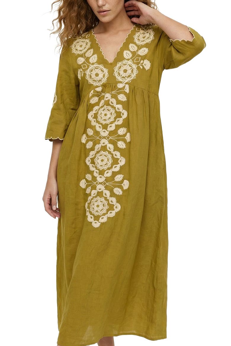 Arianna V-Neck Embroidered Maxi Dress, Alternate, color, Chartueuse