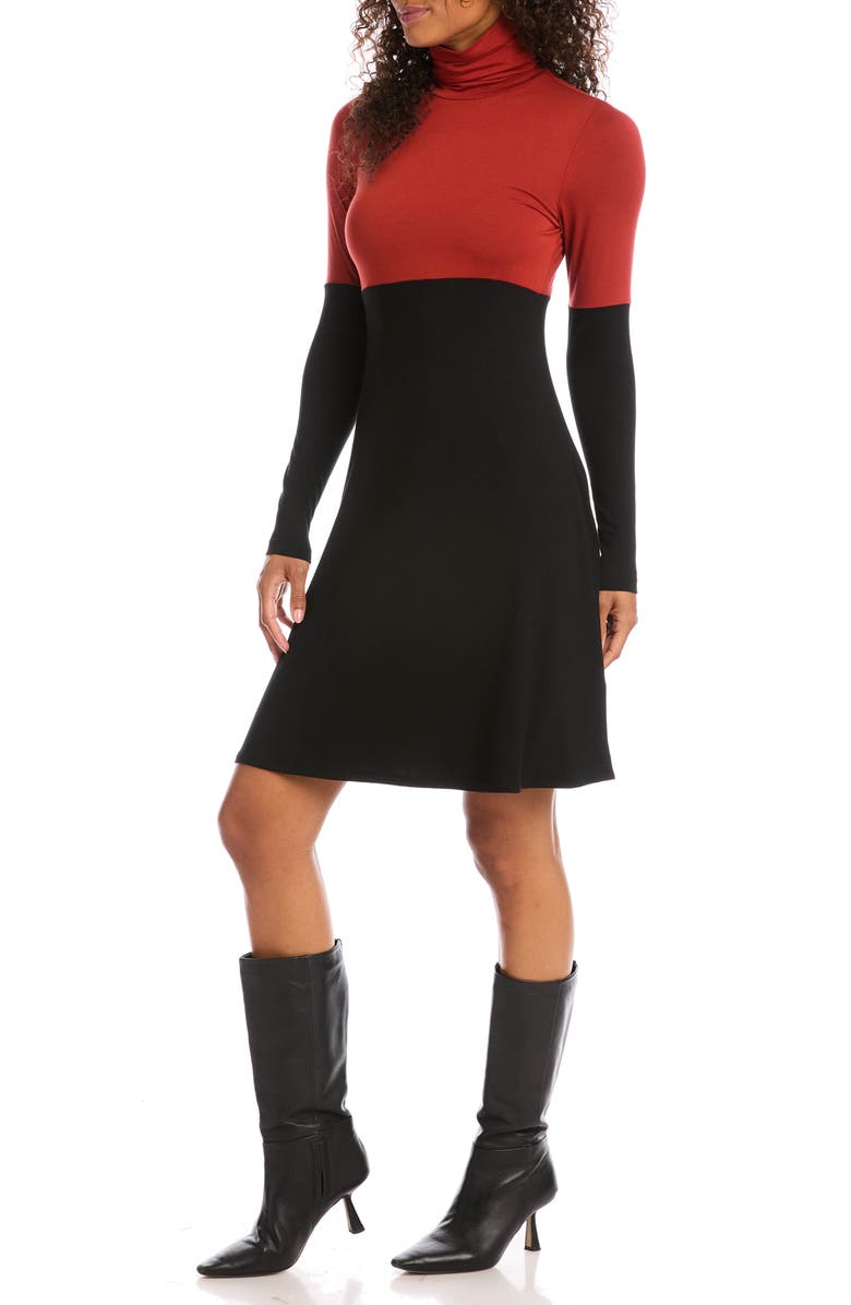 Karen Kane Colorblock Long Sleeve Turtleneck Jersey Dress, Alternate, color, Black With Brick