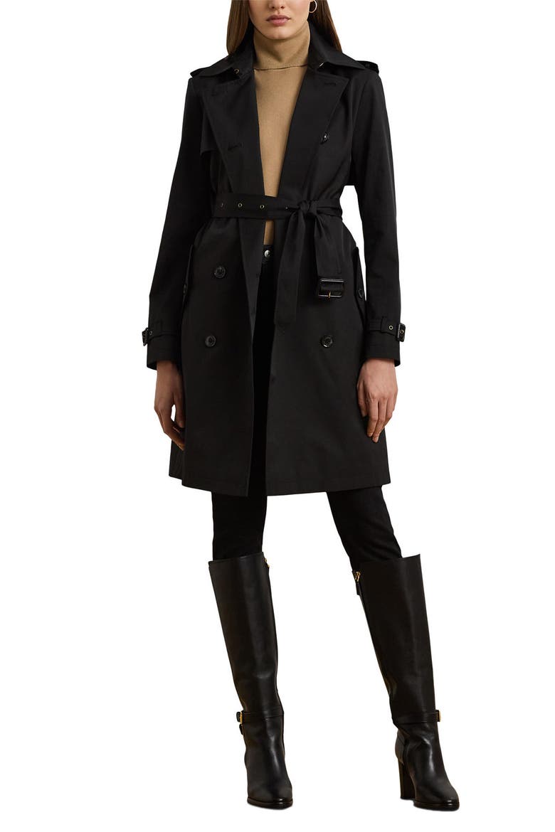 Belted Water Resistant Double Breasted Trench Coat, Alternate, color, BLACK
