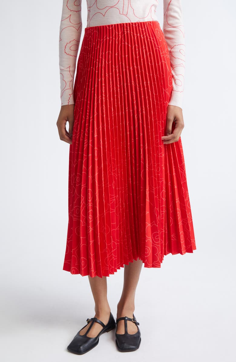 Marimekko Myy Piirto Unikko Floral Pleated Midi Skirt, Main, color, Red Bright Red