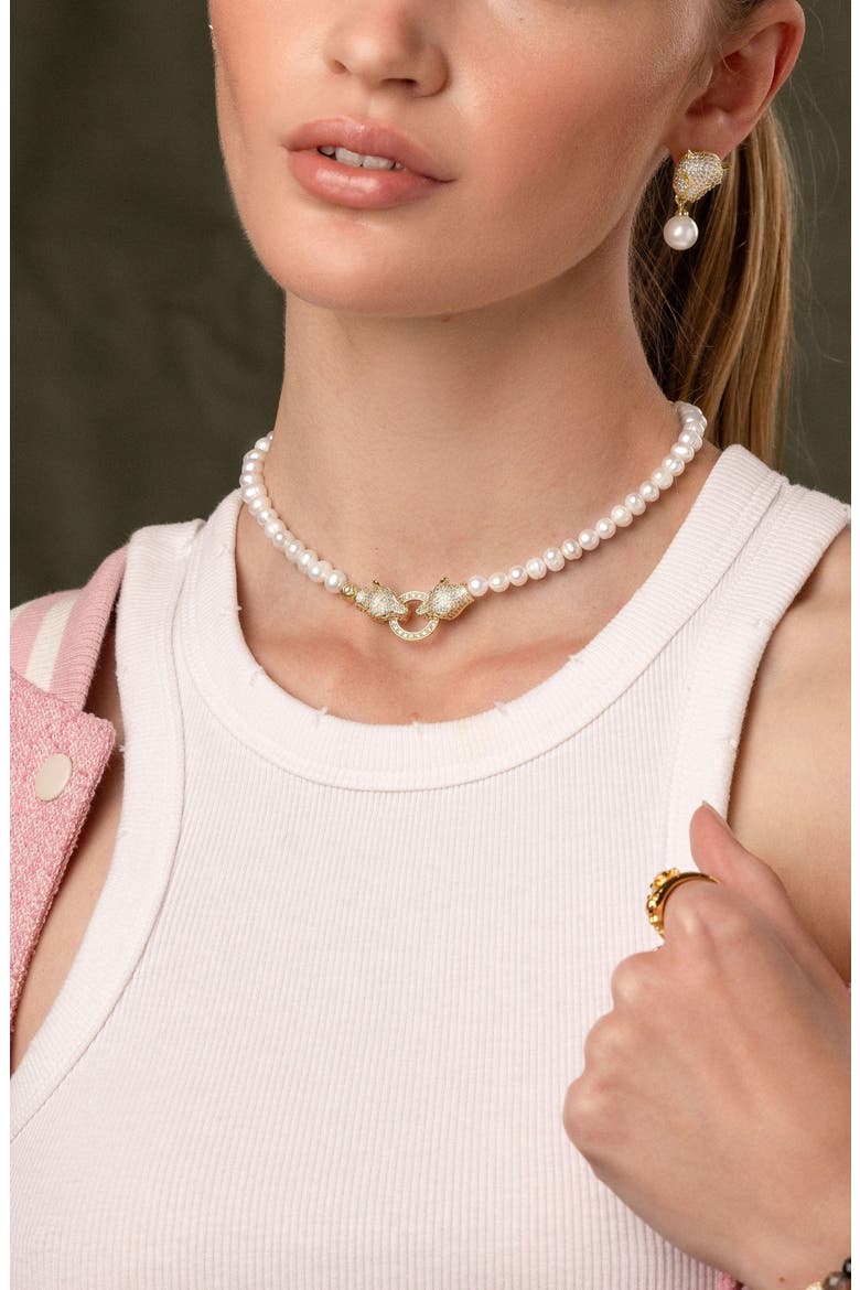 Double Panther Head Pearl Choker Necklace, Alternate, color, Gold