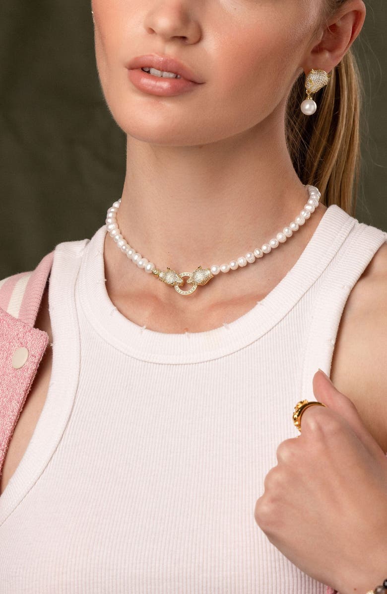 Nialaya Double Panther Head Pearl Choker Necklace, Alternate, color, Gold