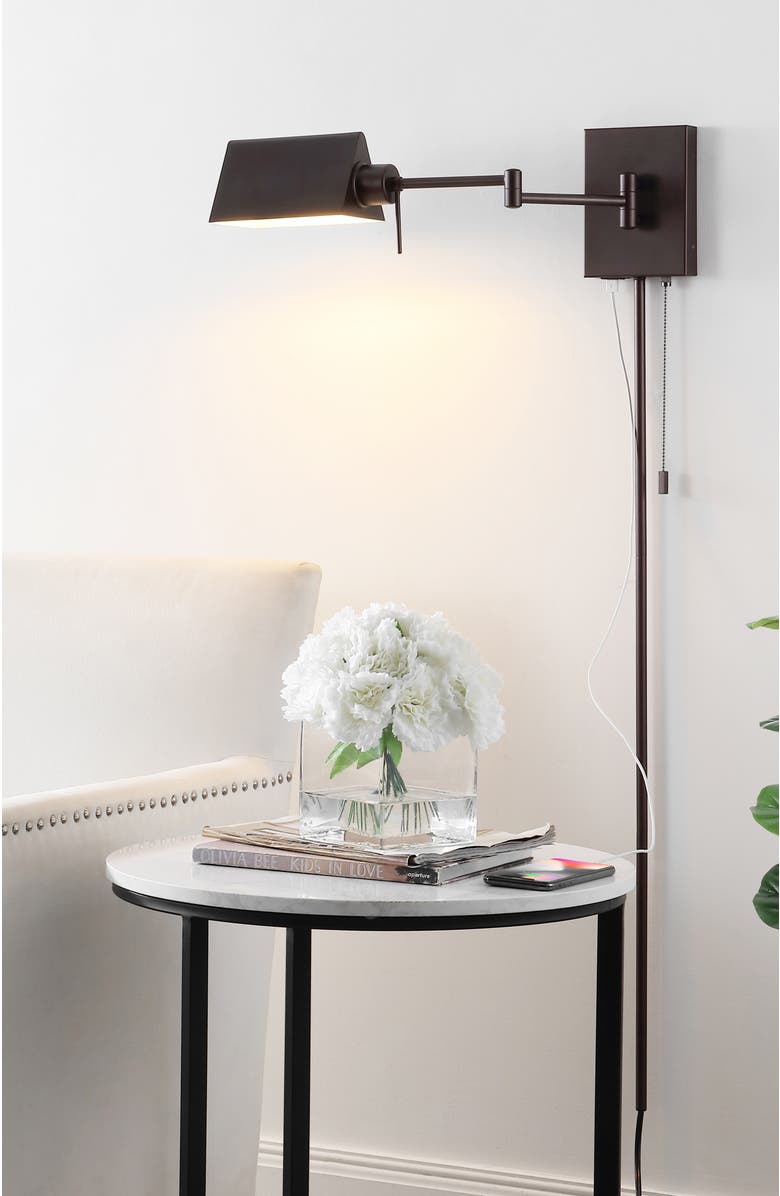 JONATHAN Y Arlo 1-Light Farmhouse Industrial Single Swing Arm Plug-In or Hardwired Iron LED Wall Sconce with Pull-Chain USB Charging Port, Alternate, color, 