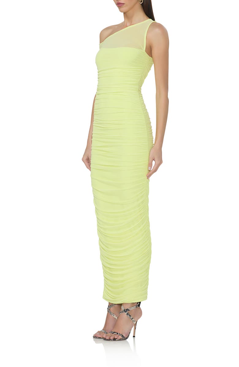 AFRM Biona One-Shoulder Ruched Mesh Maxi Dress, Alternate, color, Sunny Lime
