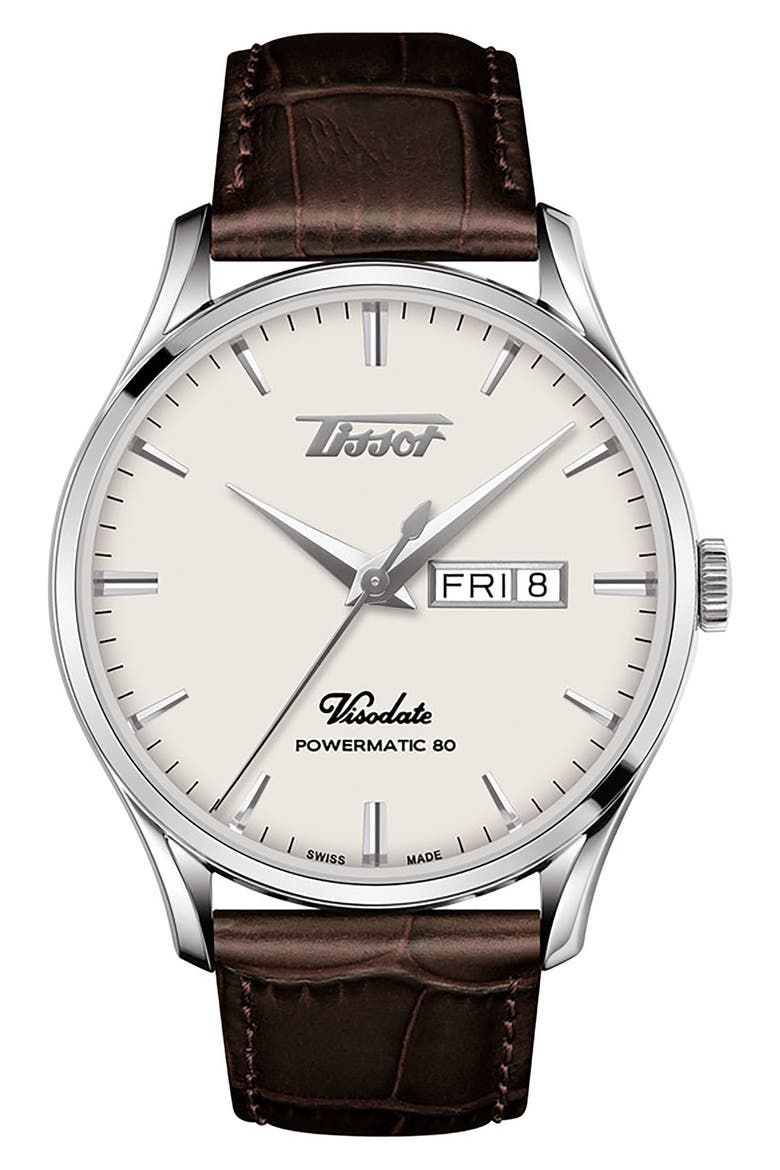 Visodate Automatic Leather Strap Watch, 42mm, Main, color, SILVER OPALIN