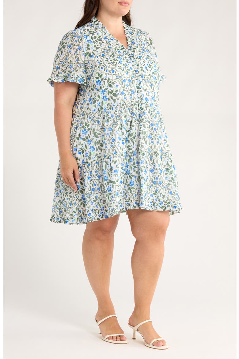 Kara Hilo Floral Tile Print Cotton Shift Dress, Alternate, color, WHITE/ BLUE/ GREEN