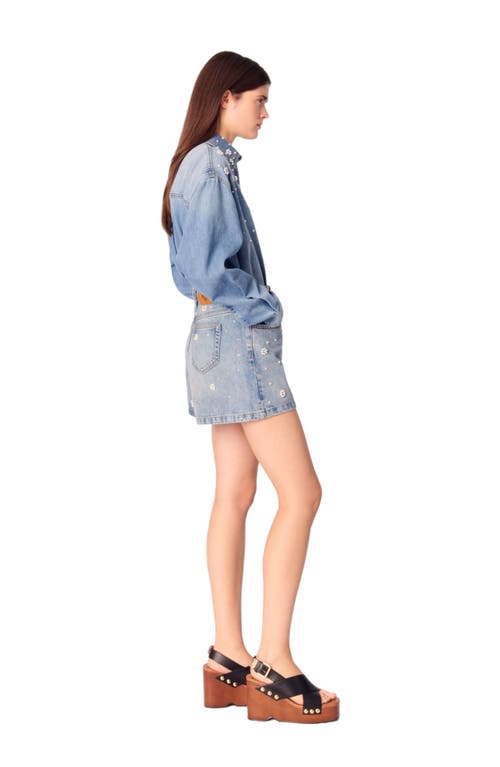 Maje Womens Flower-embellished High-rise Denim Shorts Bleus In Blue