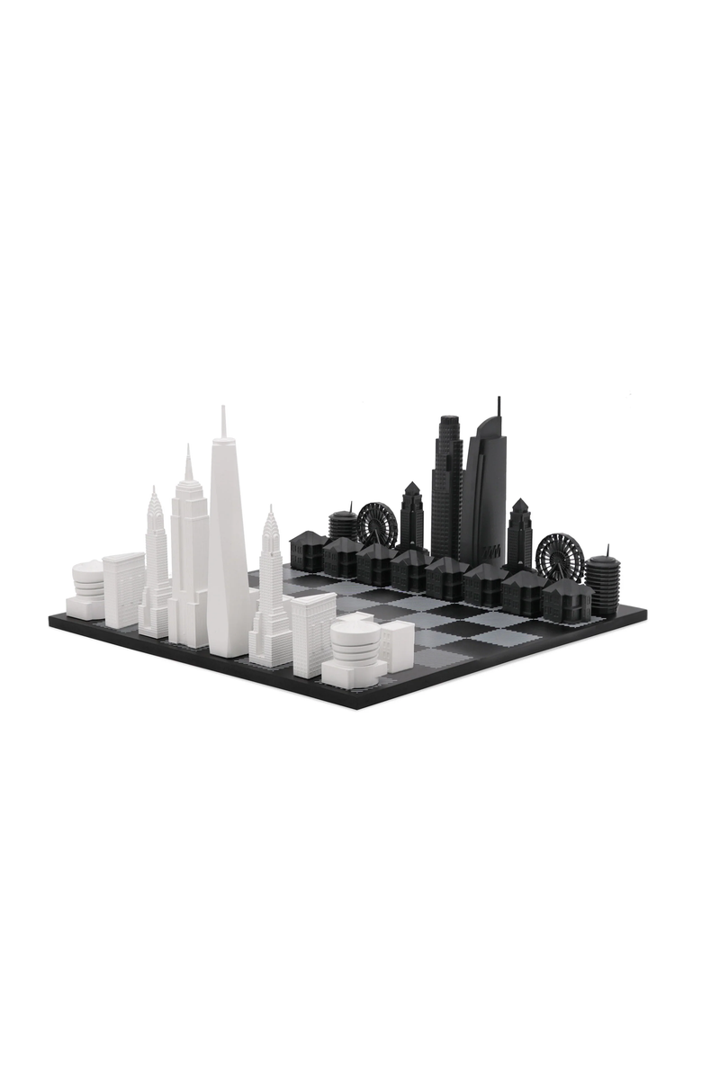 SKYLINE CHESS Chess Set Acrylic New York vs Los Angeles with Wood Hatch Board, Main, color, Black