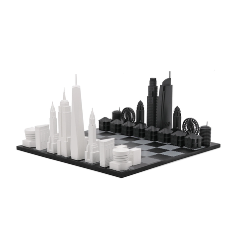 Chess Set Acrylic New York vs Los Angeles  with Wood Hatch Board
