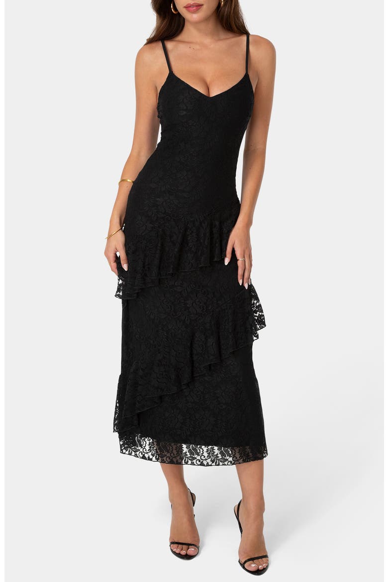 Lace Ruffle Maxi Dress, Main, color, BLACK